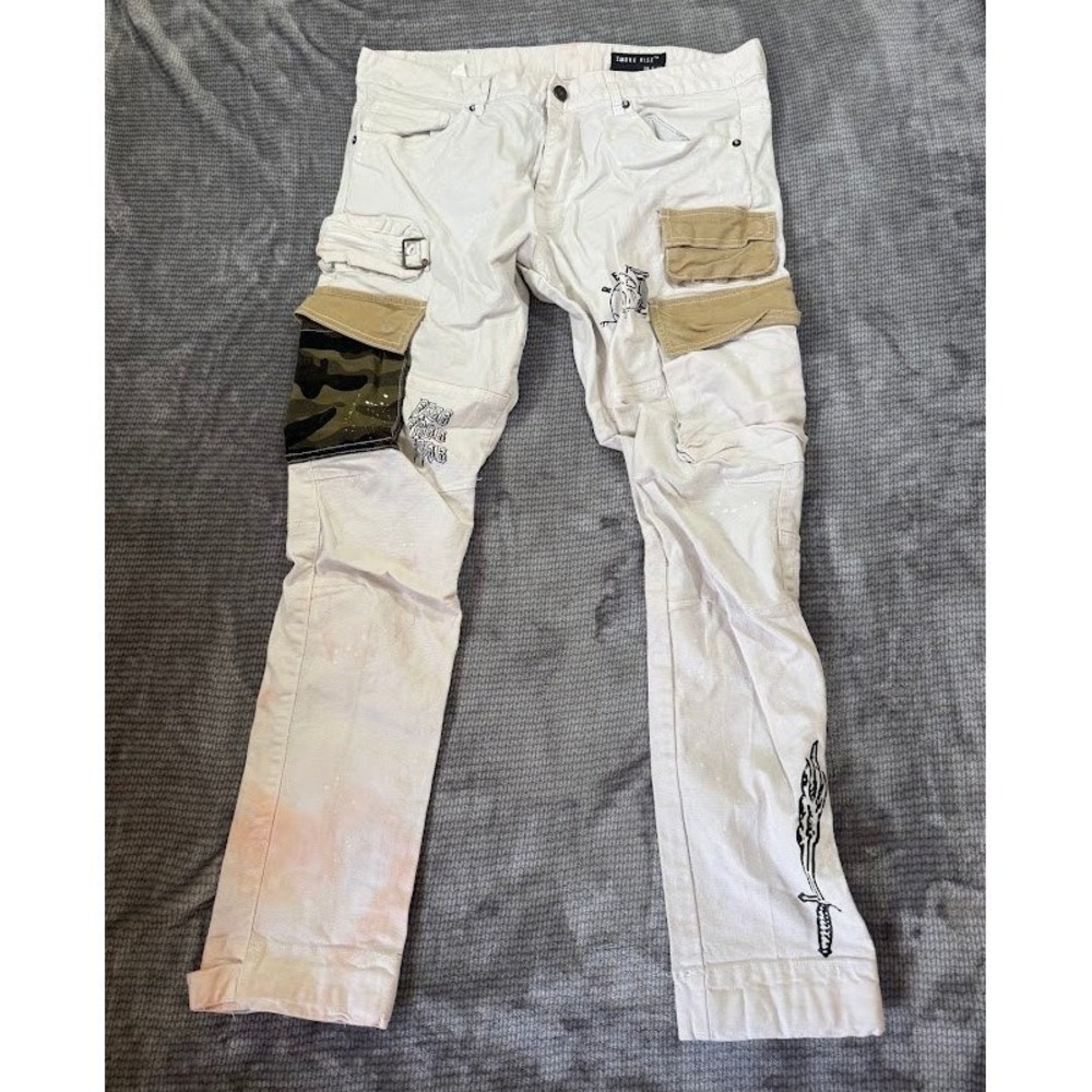 Smoke Rise Mens White Cargo Pants Distressed Streetwear‎ Camo Multi Pocket 38X30